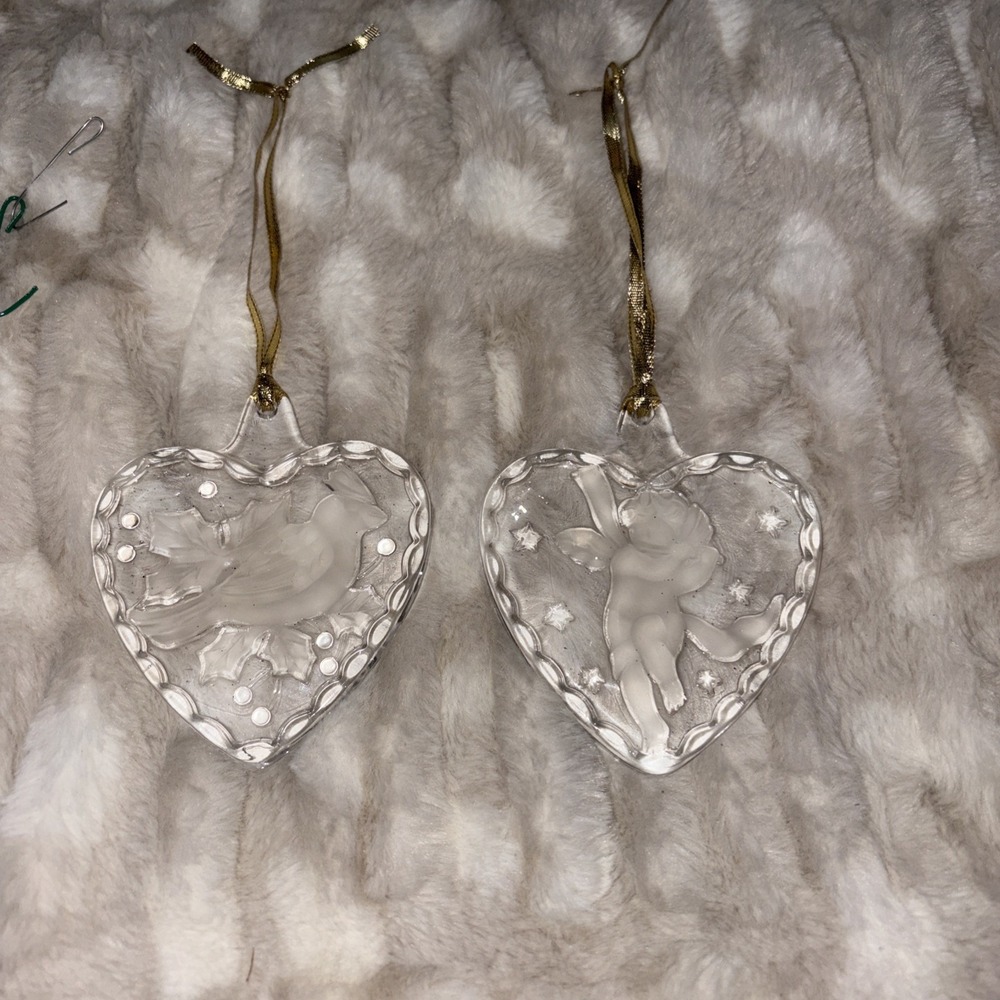 2 Mikasa Crystal Glass Heart Shaped Ornaments Cardinal Angel Cherub Gold Hangers